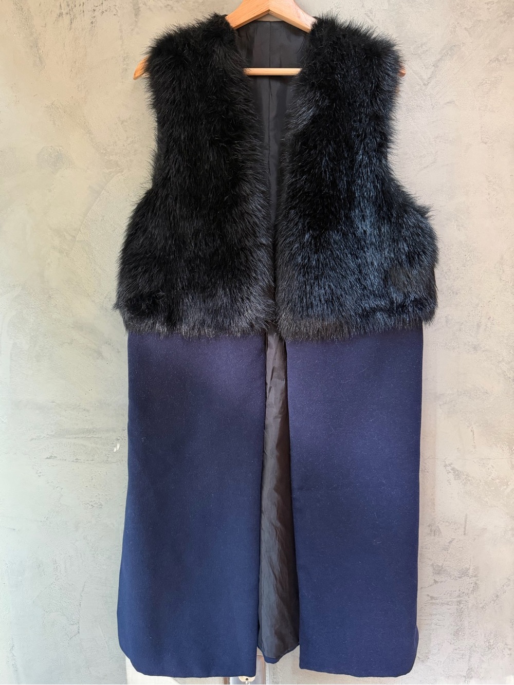 Faux Fur-Trim Long Vest in Black and Navy S/M